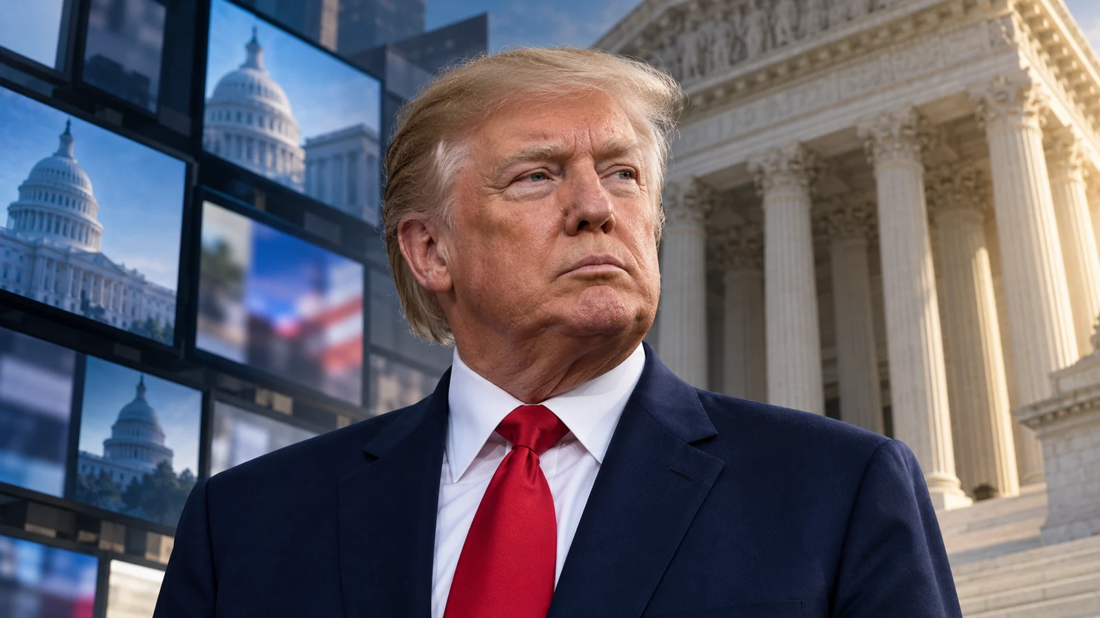 AI-assisted editorial illustration of Donald Trump in a red tie with conceptual courthouse columns and television screens.