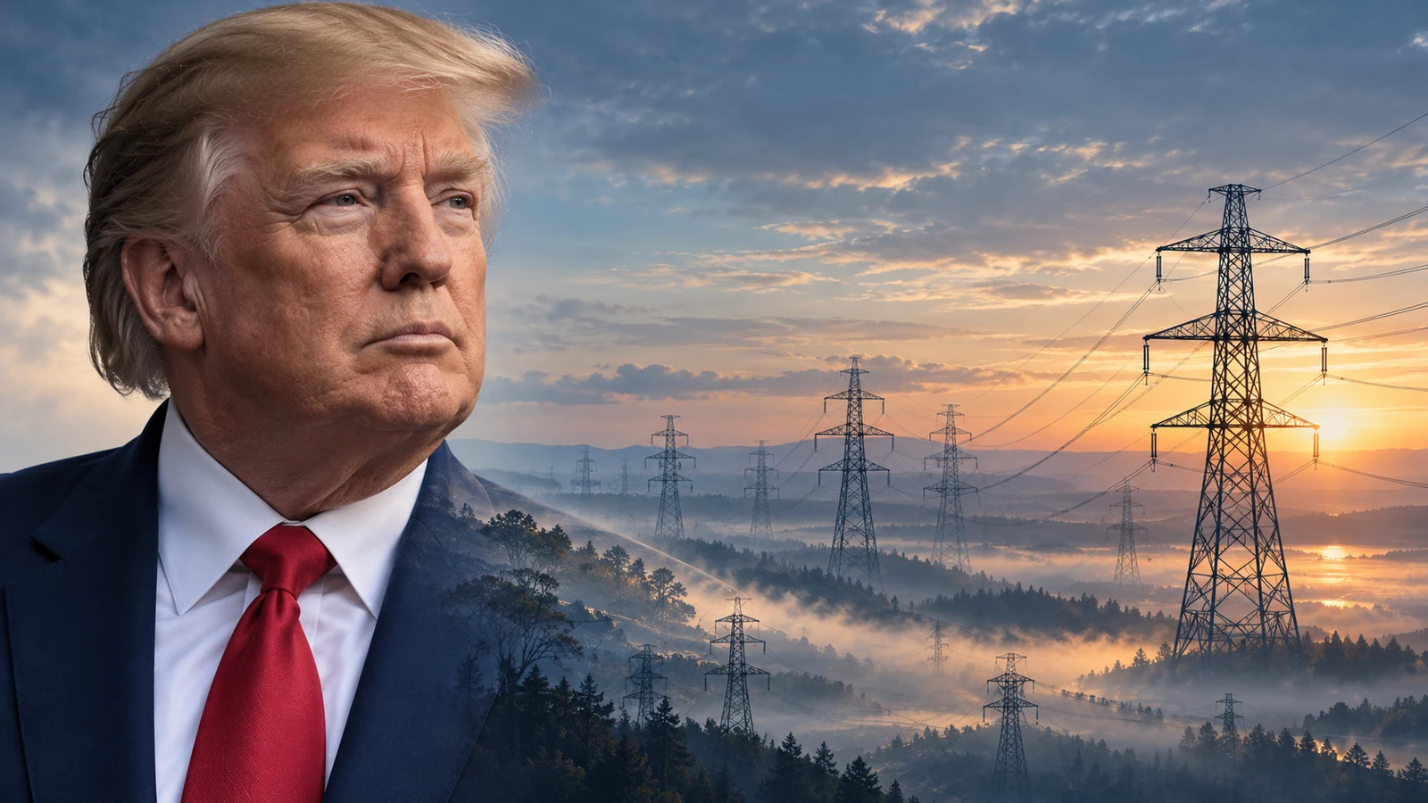 AI-assisted editorial illustration of Donald Trump in a red tie beside a conceptual power grid at dawn.