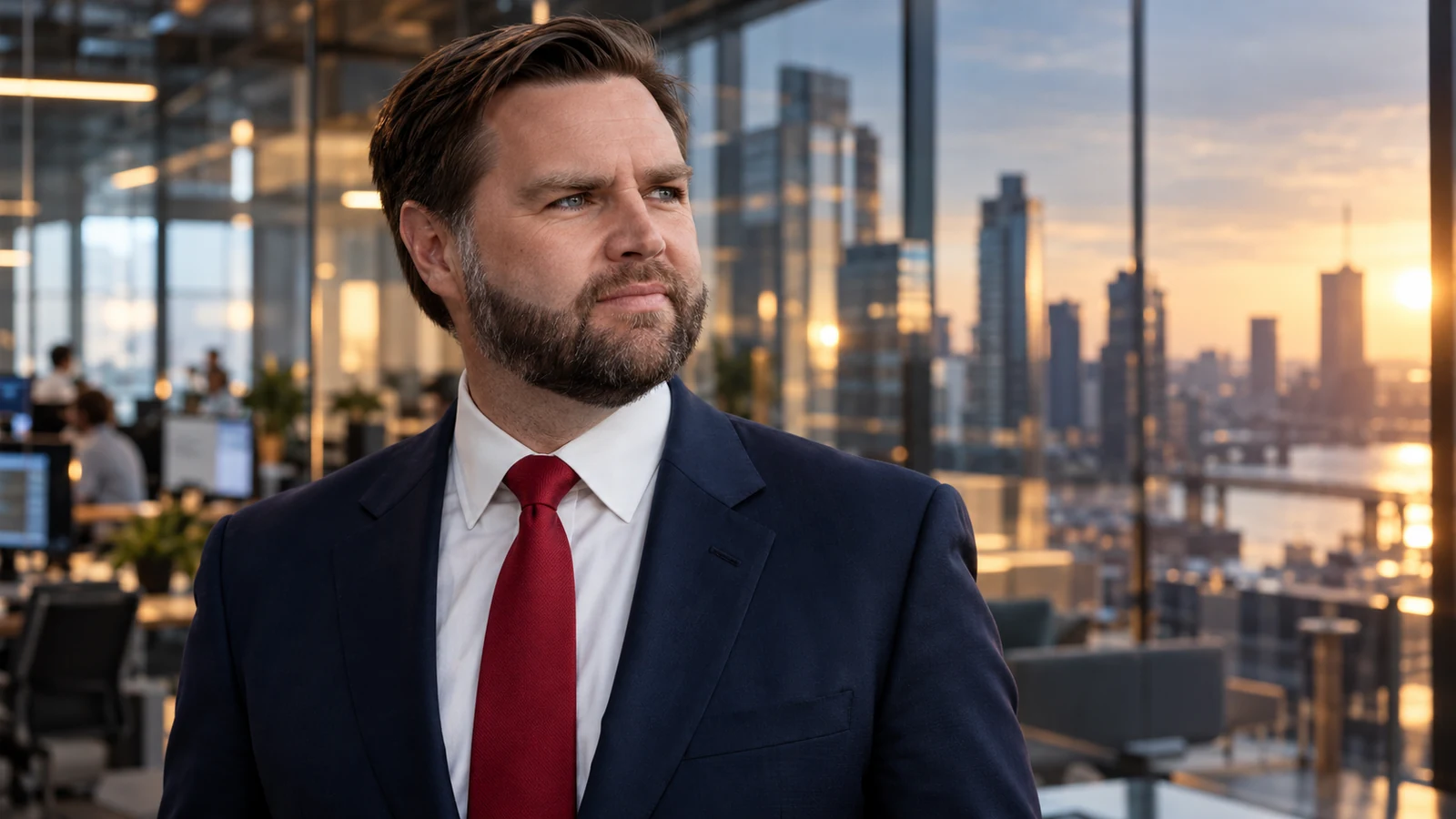 AI-assisted editorial illustration of JD Vance wearing a red tie in a conceptual technology and manufacturing setting.