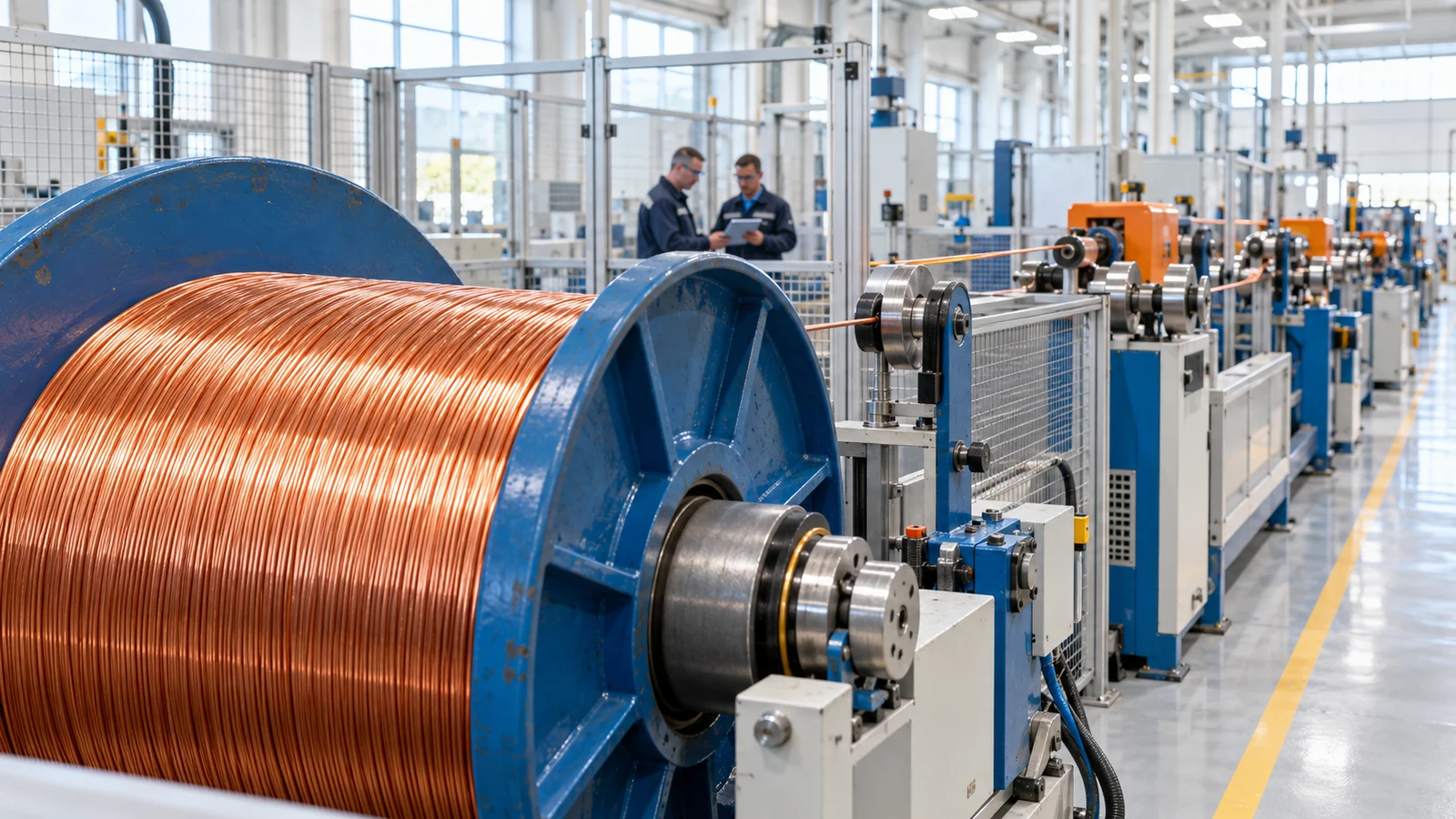 AI-assisted editorial illustration of copper wire winding machinery and technicians in a generic factory.