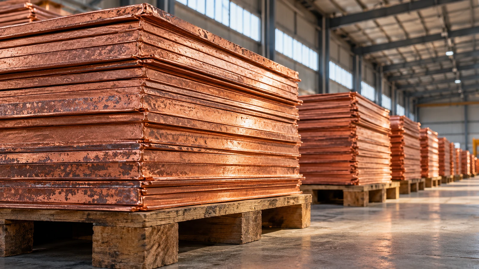 AI-assisted editorial illustration of copper cathode plates stacked in a generic commercial warehouse.