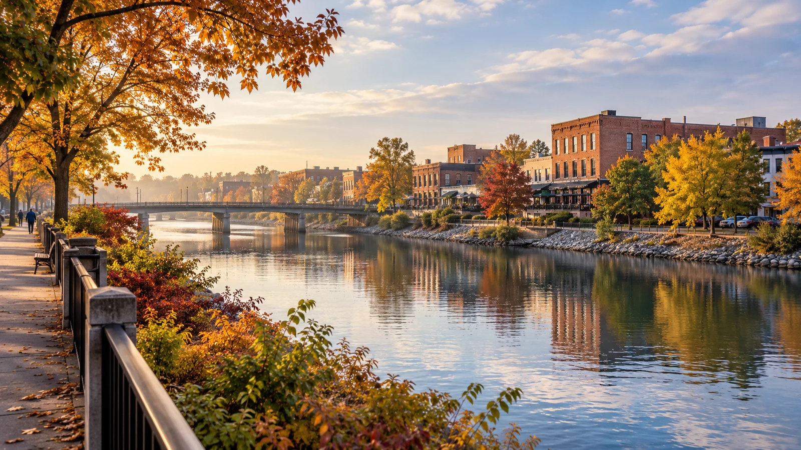 AI-assisted editorial illustration of a generic Michigan-inspired autumn riverfront with brick buildings.