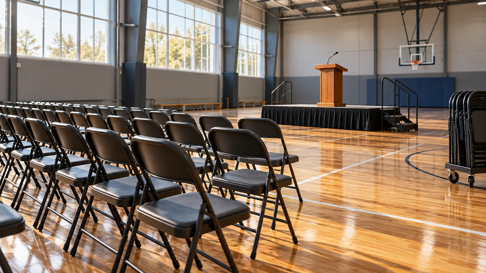 AI-assisted editorial illustration of an empty generic sports hall arranged with chairs and a lectern.