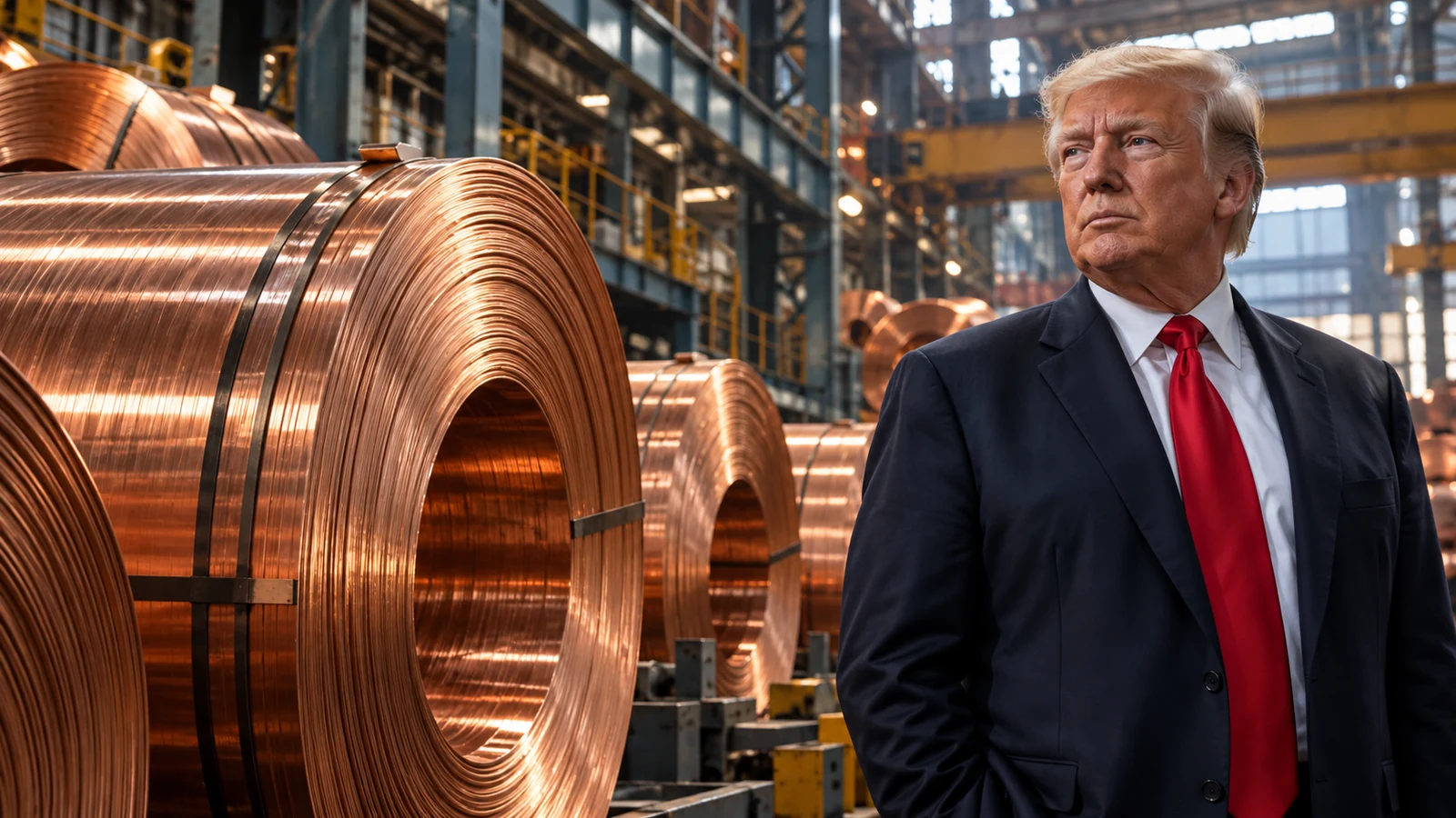 AI-assisted editorial illustration of Donald Trump in a red tie beside copper coils; a conceptual montage, not an actual factory visit.