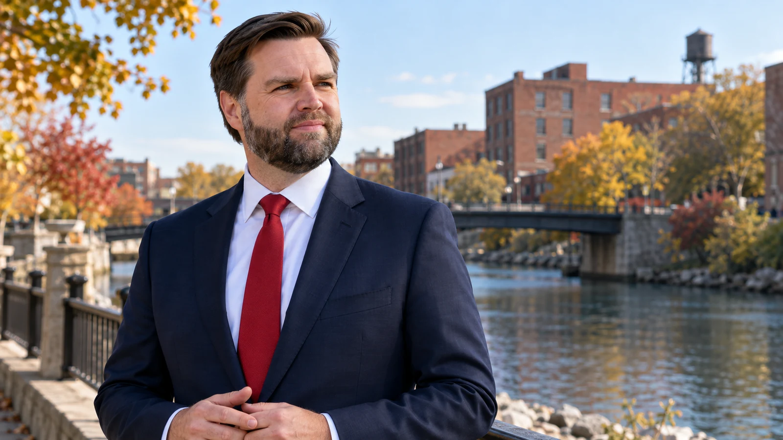AI-assisted editorial illustration of JD Vance in a red tie against a conceptual Michigan autumn riverfront; not an actual Monroe appearance.