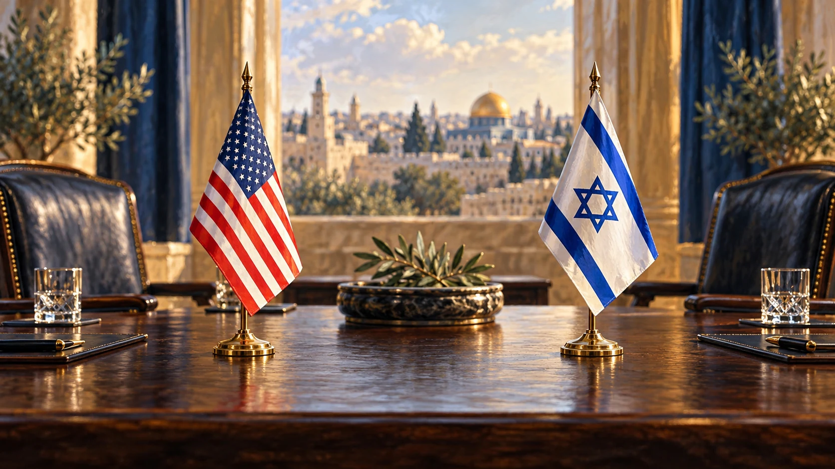 AI-assisted conceptual editorial illustration representing U.S.–Israel diplomacy.