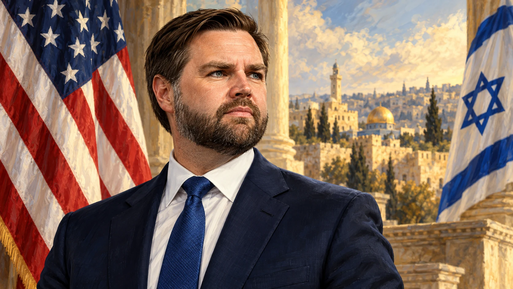 AI-assisted conceptual editorial illustration for JD Vance Netanyahu endorsement; not a documentary photograph of an actual event.