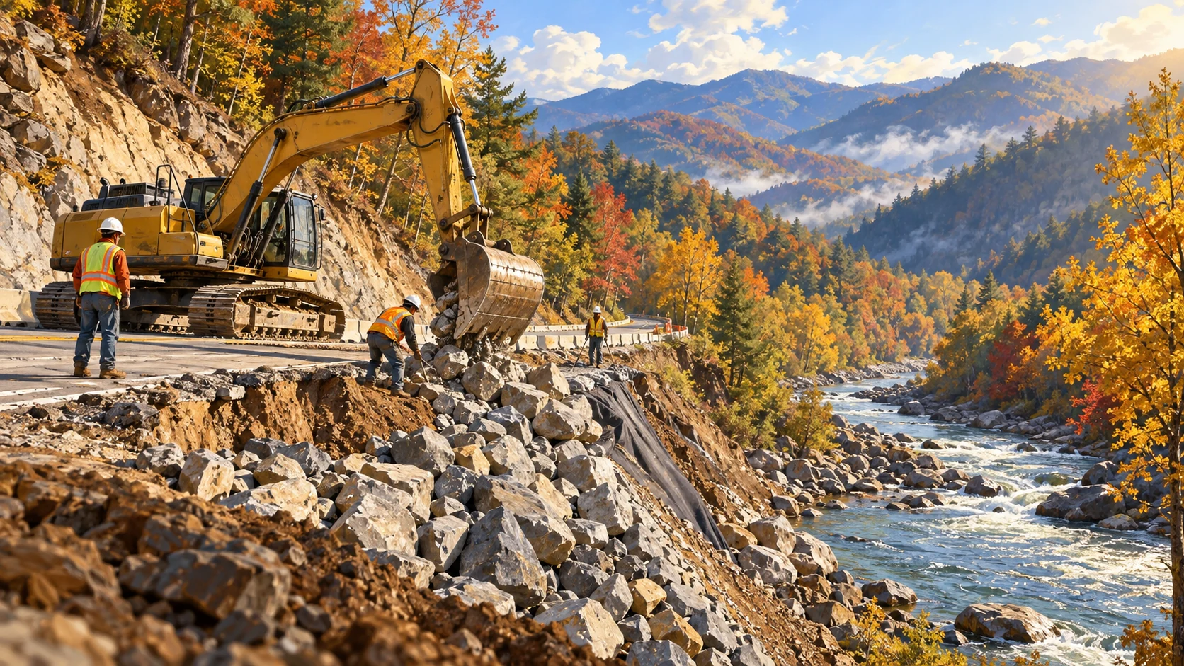 AI-assisted conceptual illustration representing mountain-road and bridge recovery.