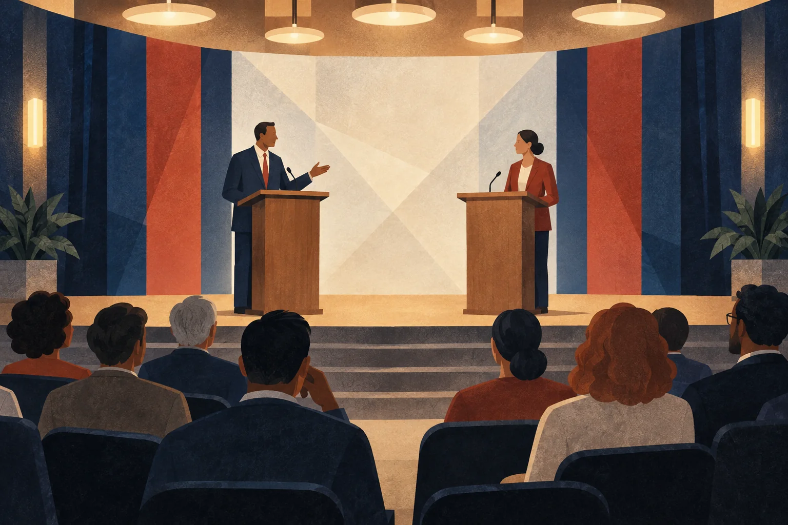 A conceptual convention hall with a lectern and seated audience.