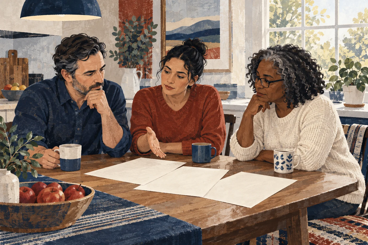 Voters reviewing candidate commitments together at a kitchen table.