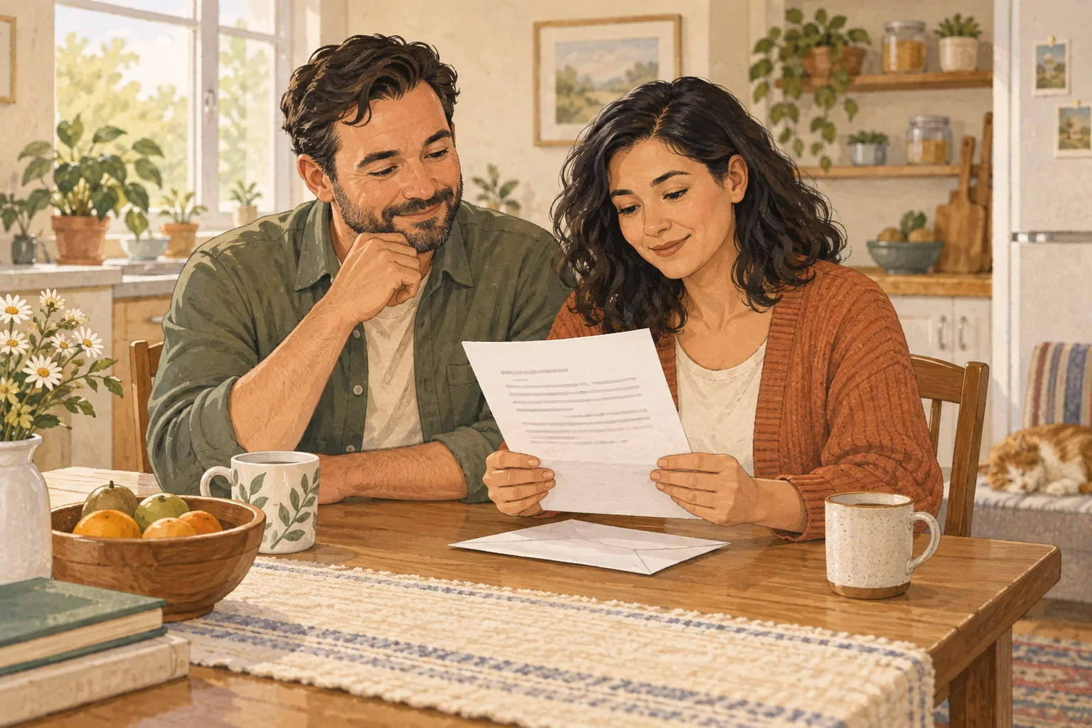 Two adults examine an insurance letter at a kitchen table.