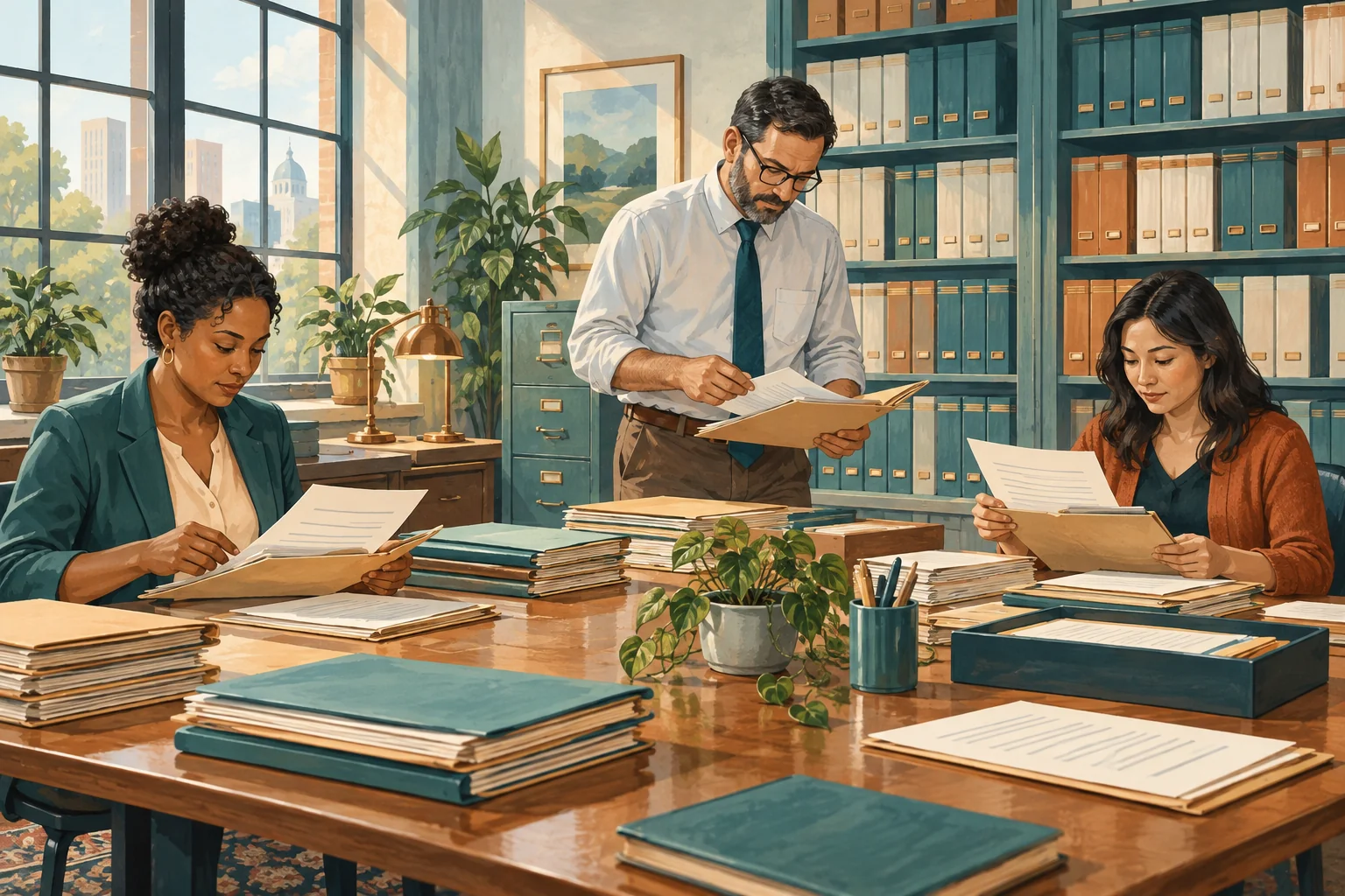 Illustrated administrative staff review insurance folders in a records office.