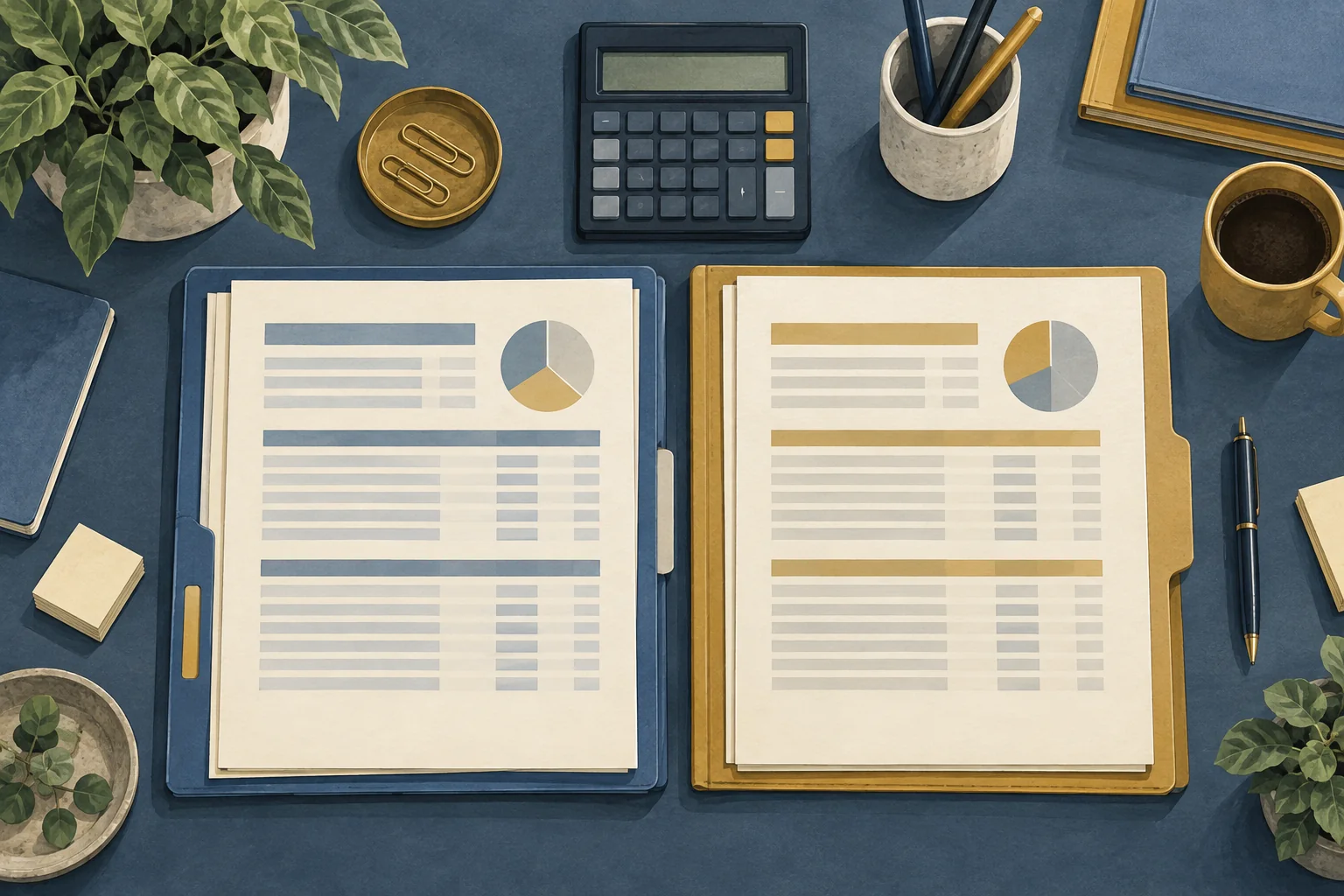 A calculator and two orderly report folders on an illustrated audit desk.