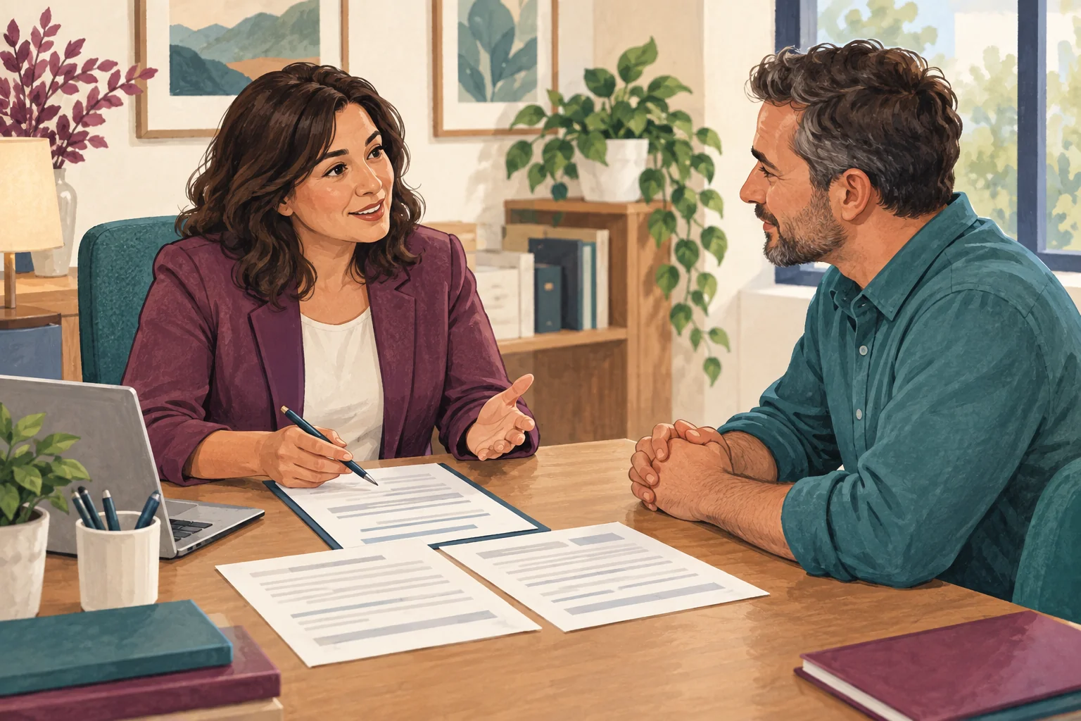 An adult discusses insurance paperwork with an adviser at a desk.