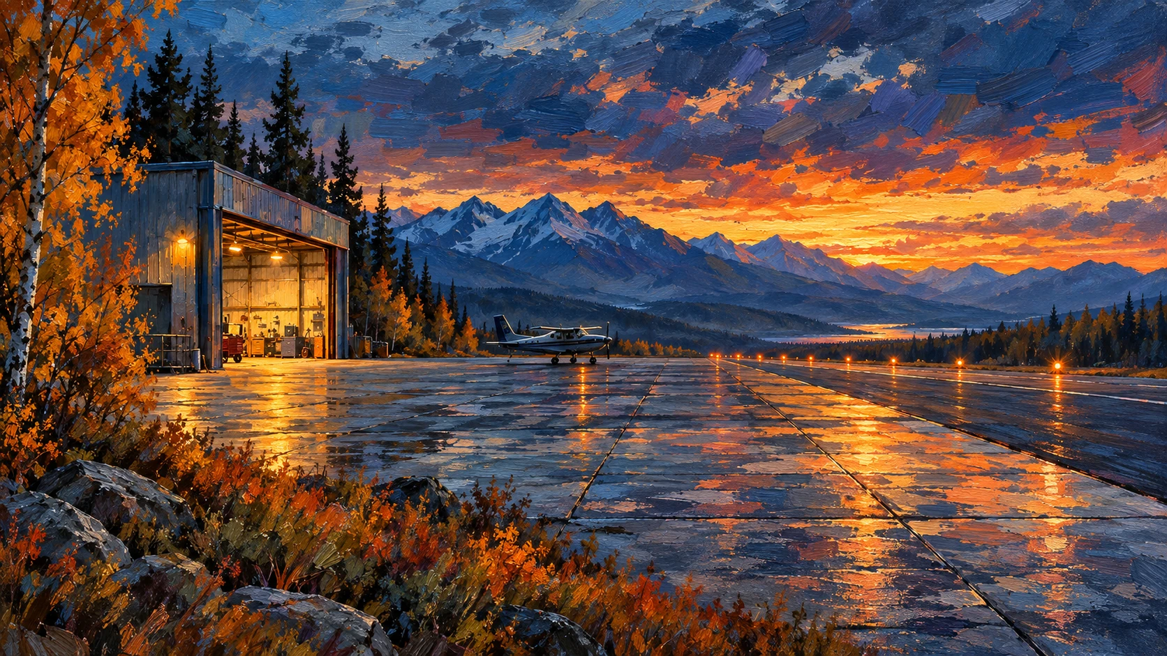 AI-assisted editorial illustration of a conceptual Alaska airport hangar and runway at dusk.