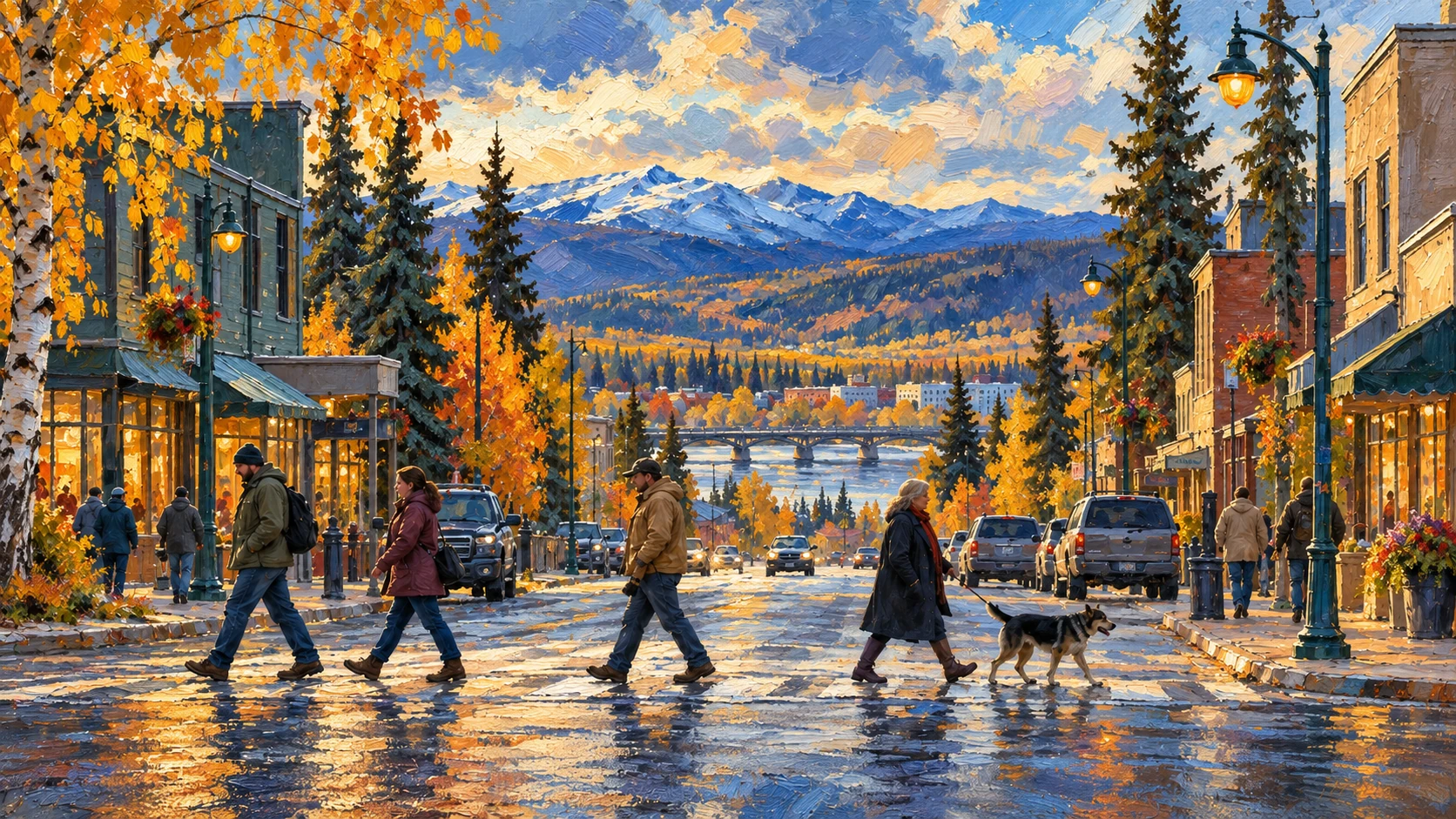 AI-assisted editorial illustration of pedestrians in an Alaska-inspired northern town in autumn.