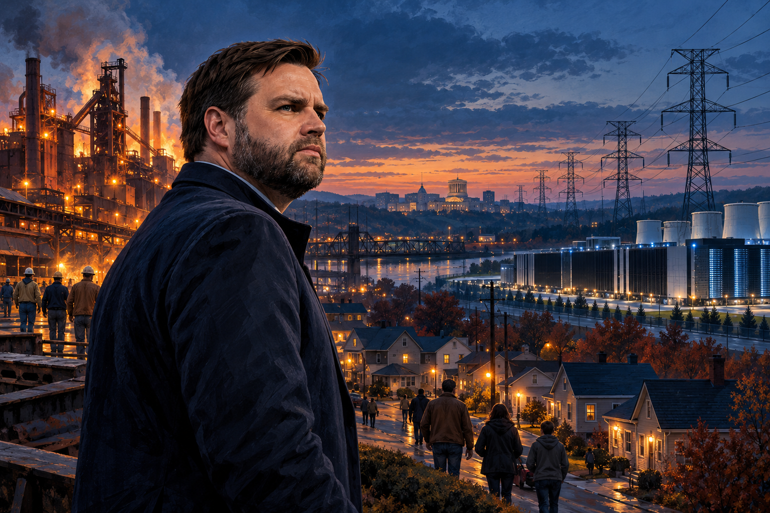 AI-assisted editorial illustration of JD Vance overlooking Ohio steelmaking, neighborhoods, power lines, and data centers as his former Senate seat faces an affordability test.