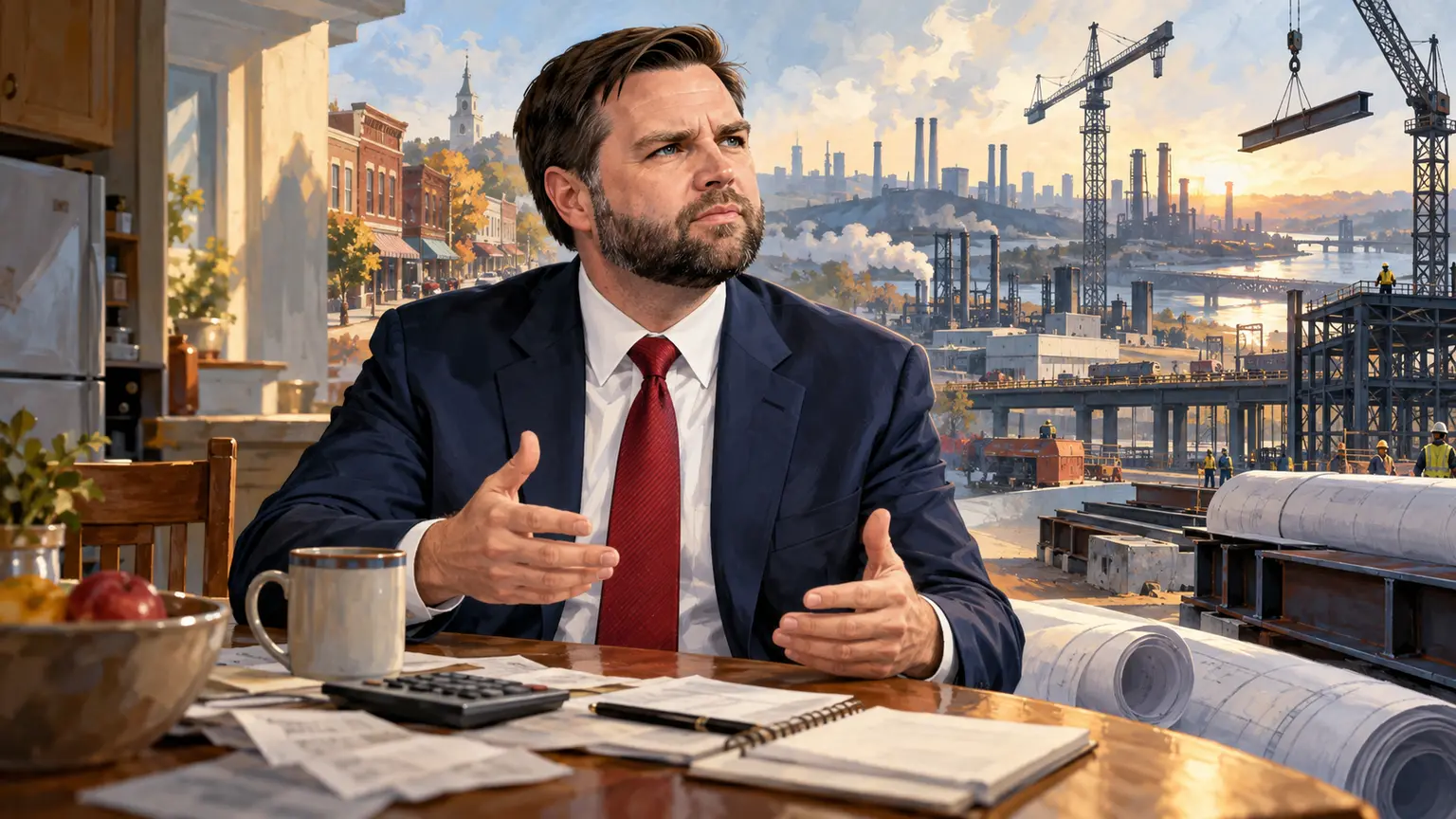 AI-assisted editorial illustration of JD Vance between household budget pressures and industrial growth, representing the JD Vance economy message.