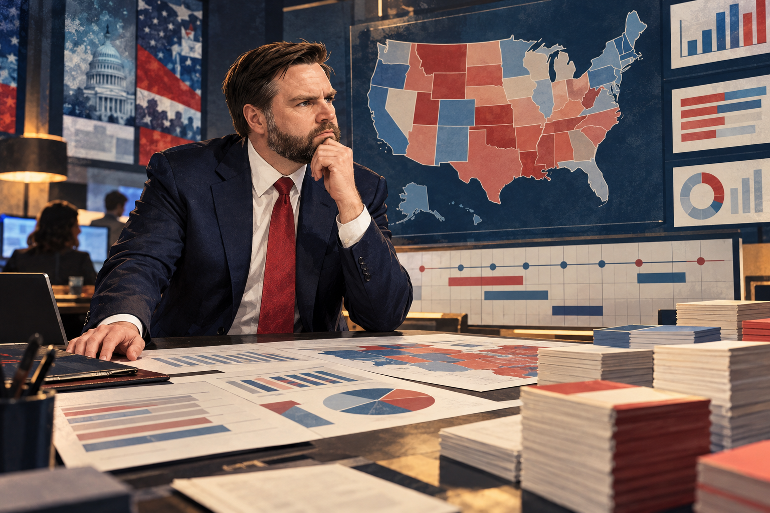 AI-assisted editorial illustration of JD Vance reviewing a campaign map and media plan for his midterm strategy.