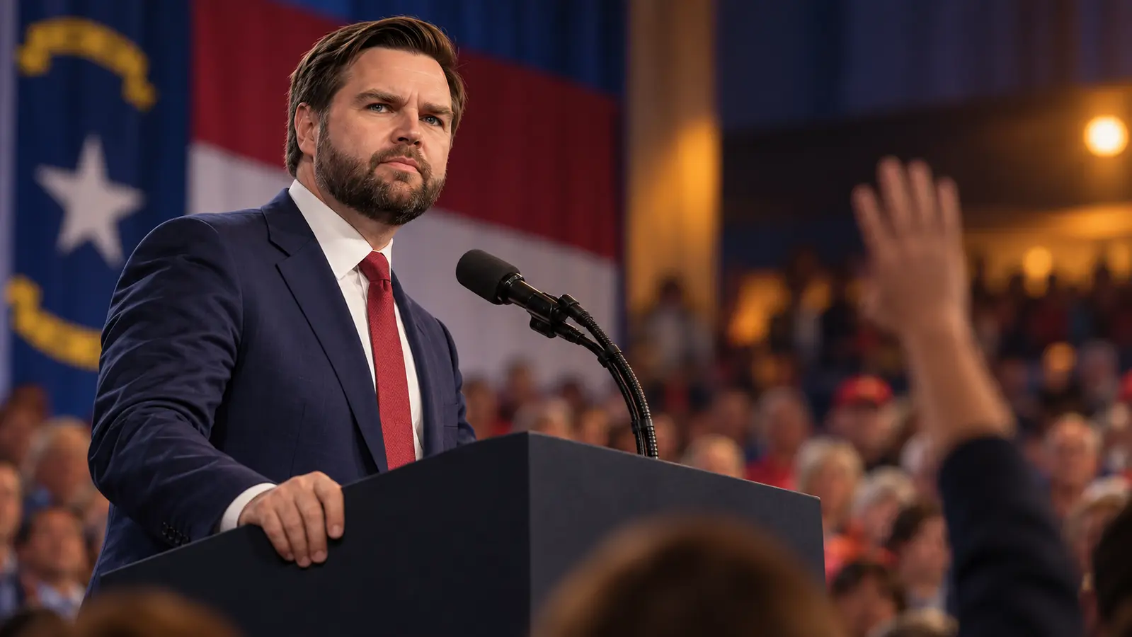 AI-assisted editorial illustration of JD Vance at a North Carolina podium during a conceptual JD Vance rally interruption scene with a raised hand in the audience.