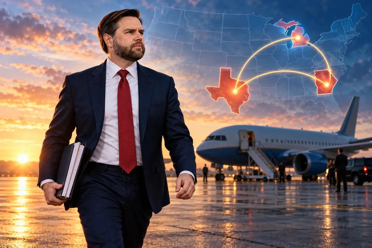AI-assisted editorial illustration of JD Vance beginning a three-state campaign sprint beside an aircraft and an abstract U.S. route map.
