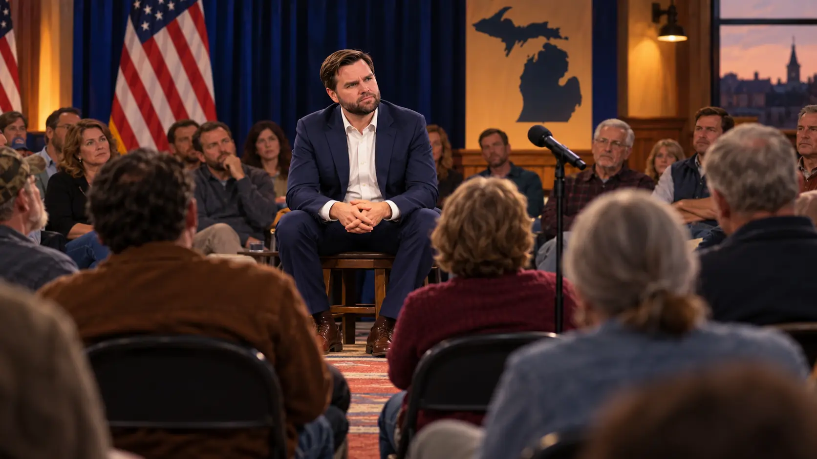 AI-assisted editorial illustration of JD Vance listening to voters during a town hall accountability exchange.