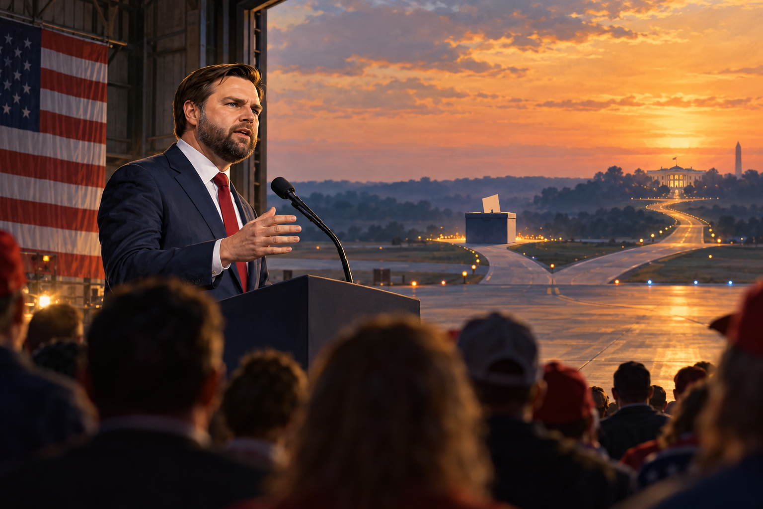 AI-assisted editorial illustration of JD Vance weighing a 2028 decision while campaigning at an Ohio airport hangar.