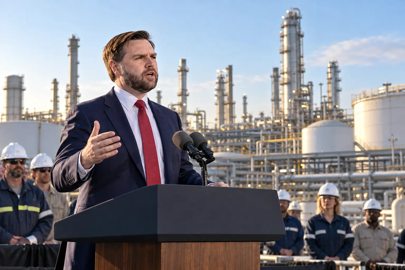 AI-assisted editorial illustration of JD Vance presenting the JD Vance refinery expansion plan with refinery equipment in the background.