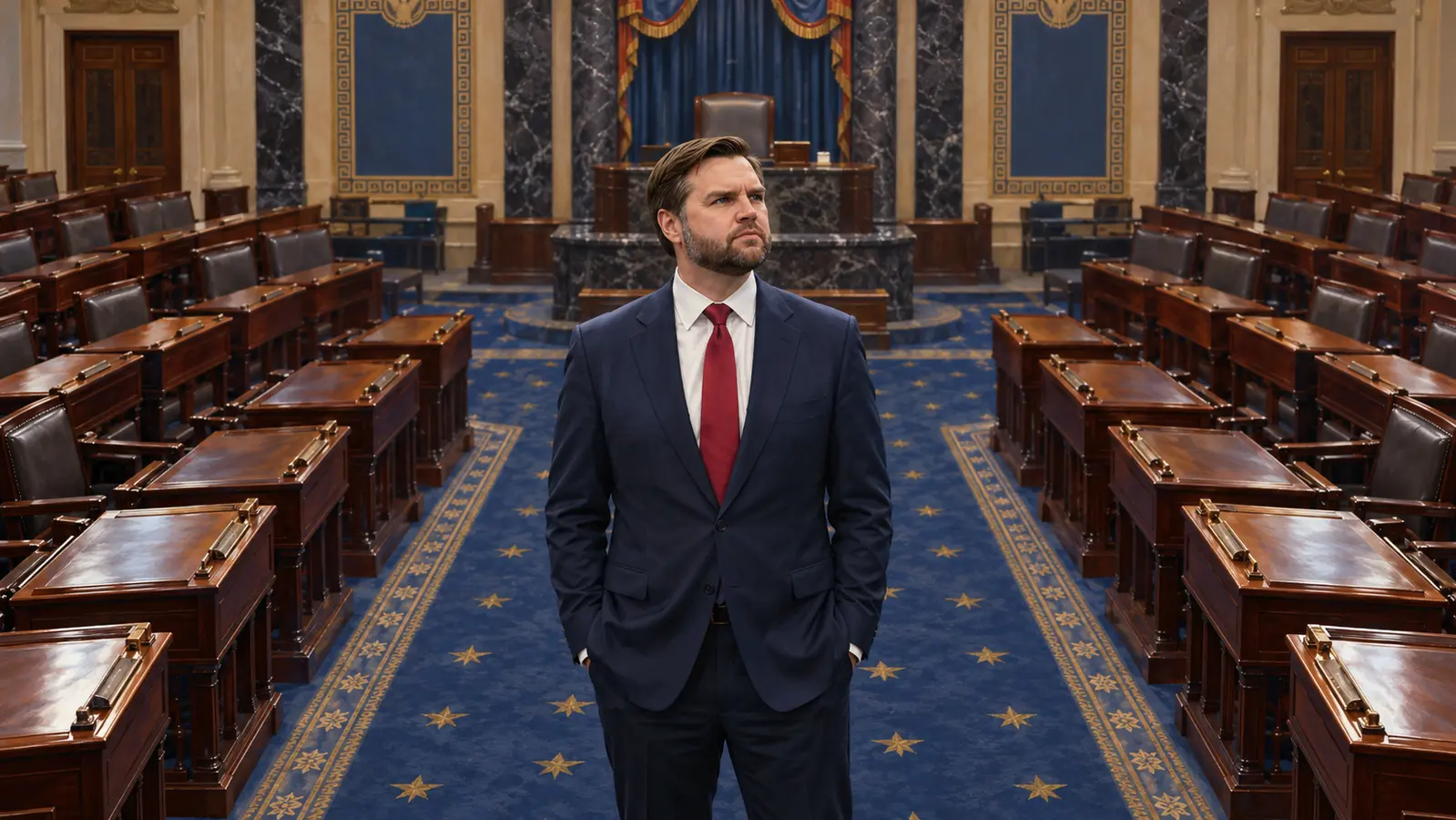 AI-assisted editorial illustration of JD Vance as the Senate tie-breaker standing between evenly balanced rows of Senate desks.