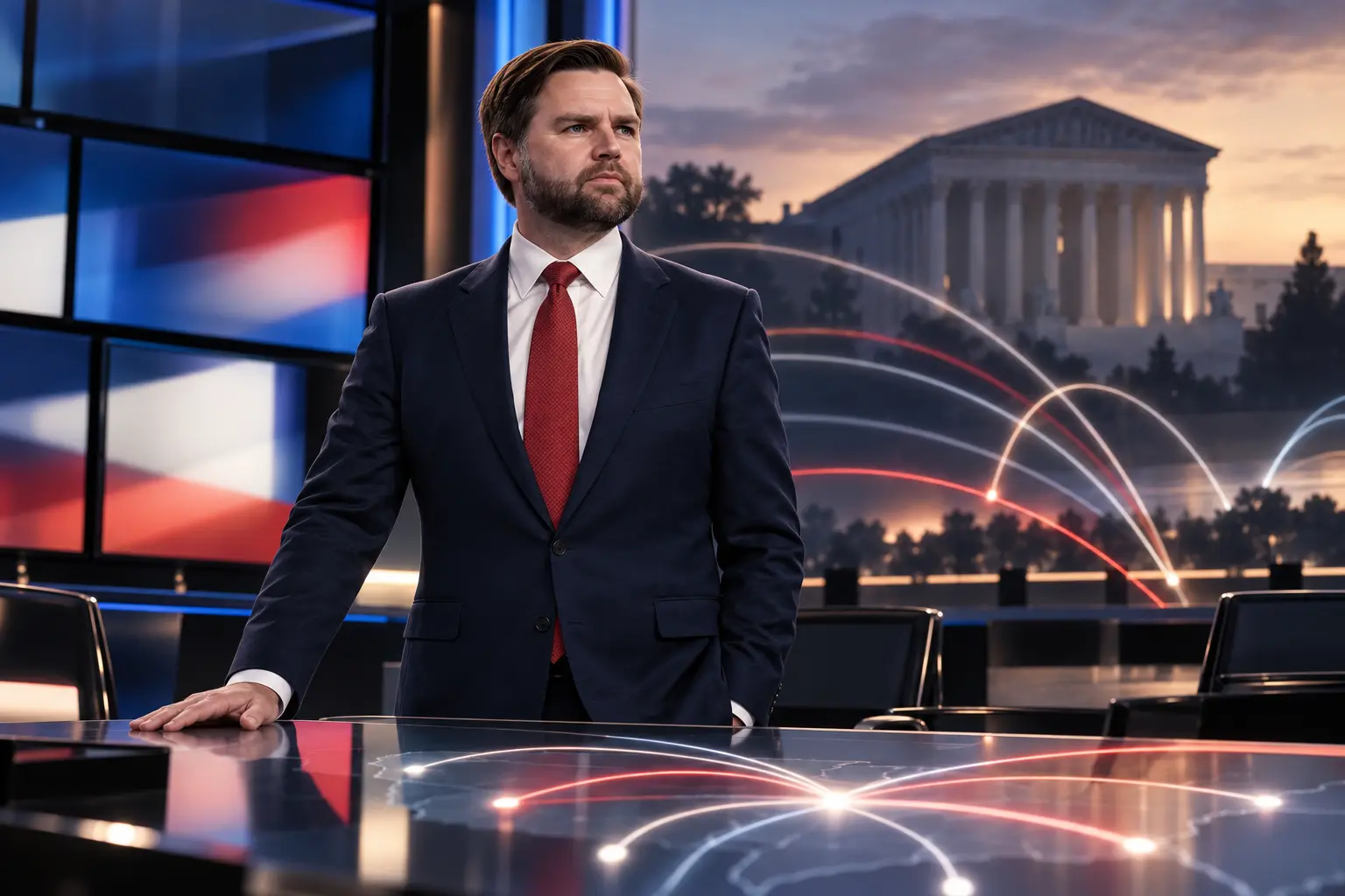 AI-assisted editorial illustration of JD Vance in a conceptual media strategy room visualizing the JD Vance campaign finance ruling, broadcast ads and the Supreme Court.