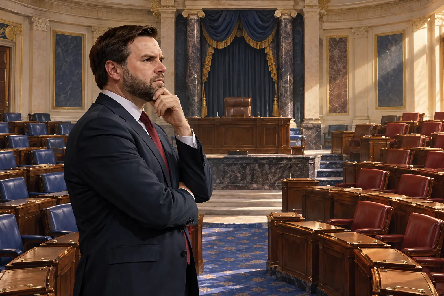 AI-assisted editorial illustration of JD Vance standing beside an evenly divided U.S. Senate chamber, representing the JD Vance Senate tie-breaking vote