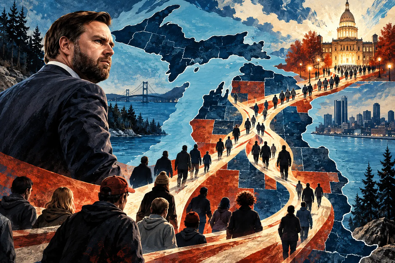 AI-assisted editorial illustration of JD Vance surveying a Michigan map with branching voter paths, representing the JD Vance Michigan turnout strategy.