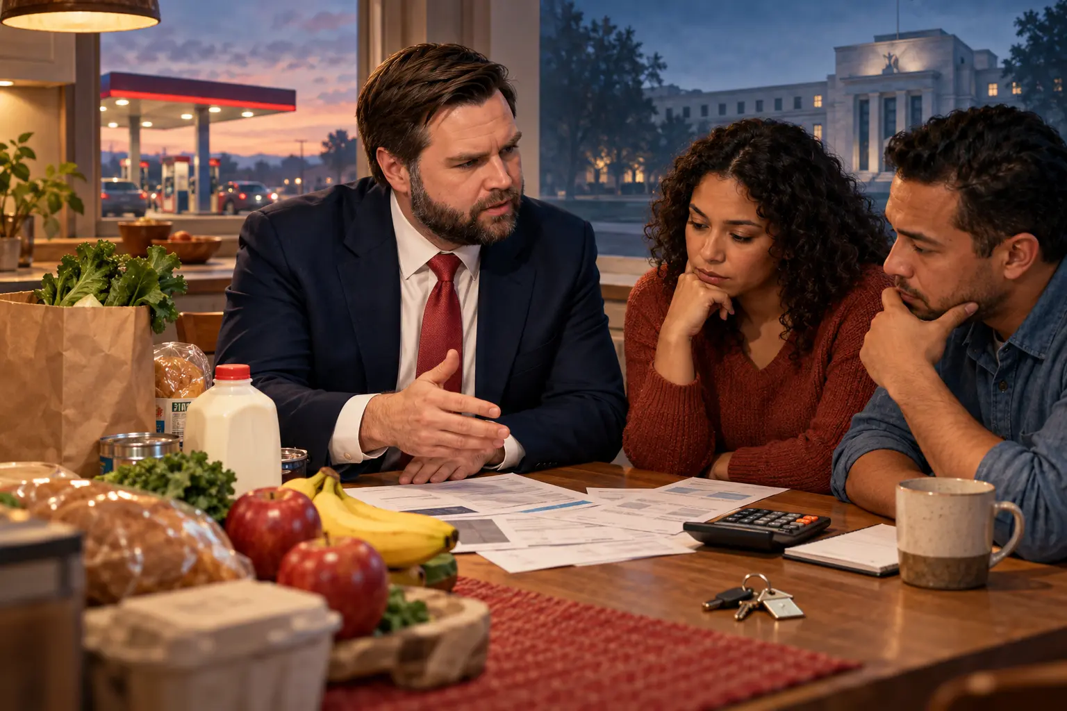 AI-assisted editorial illustration of JD Vance in an affordability debate at a kitchen table, with the Federal Reserve and a gas station in the background