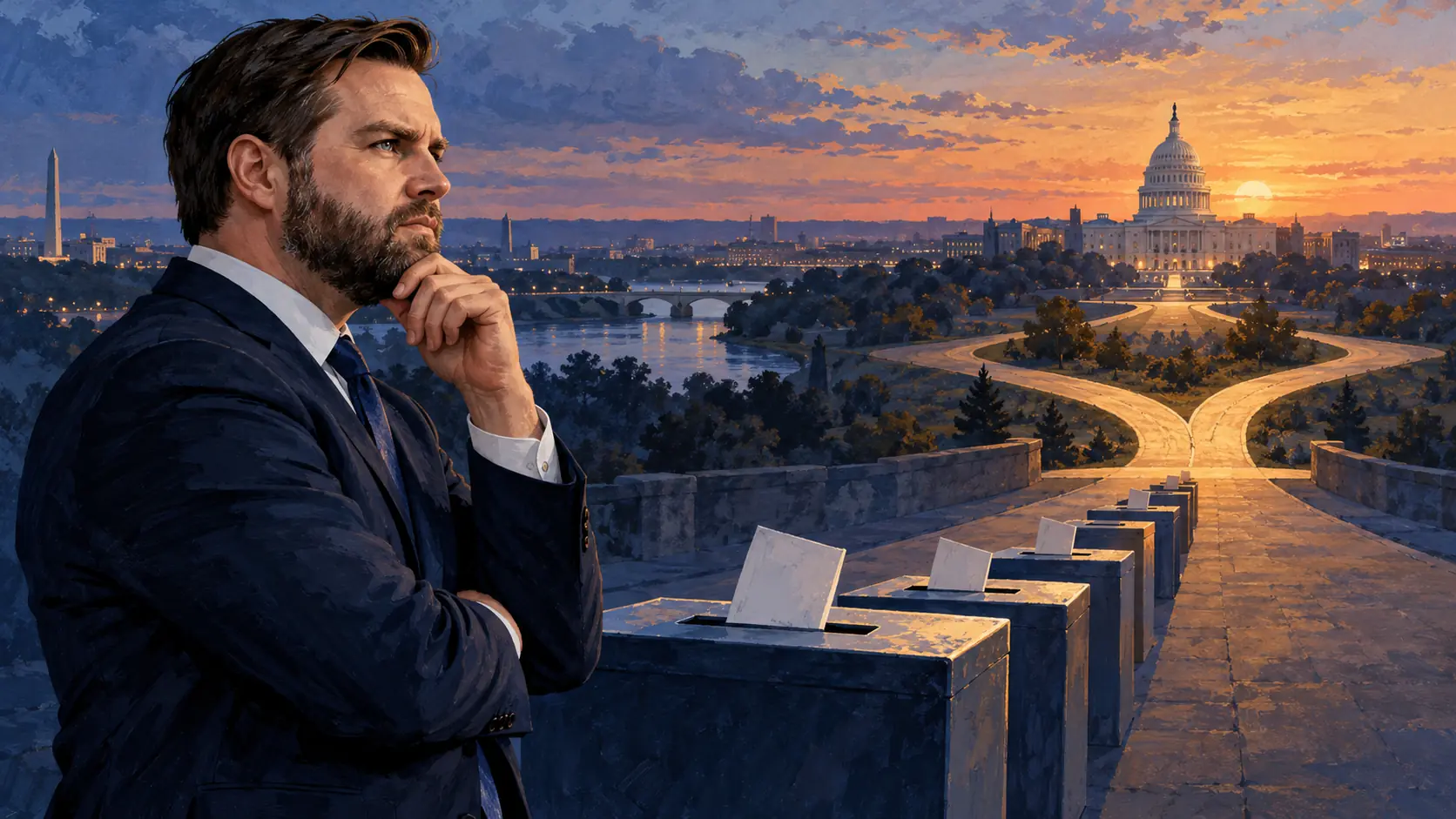 AI-assisted editorial illustration of JD Vance weighing a 2028 decision beside ballot boxes and a branching road toward the U.S. Capitol.