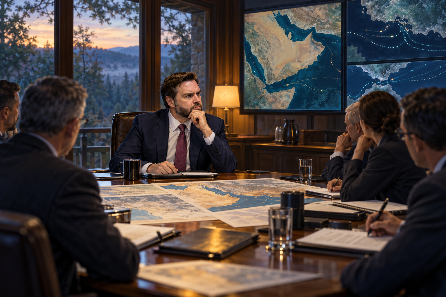 AI-assisted editorial illustration of JD Vance leading an Iran strategy review on Iran, Yemen, and Red Sea security at a wooded presidential retreat.