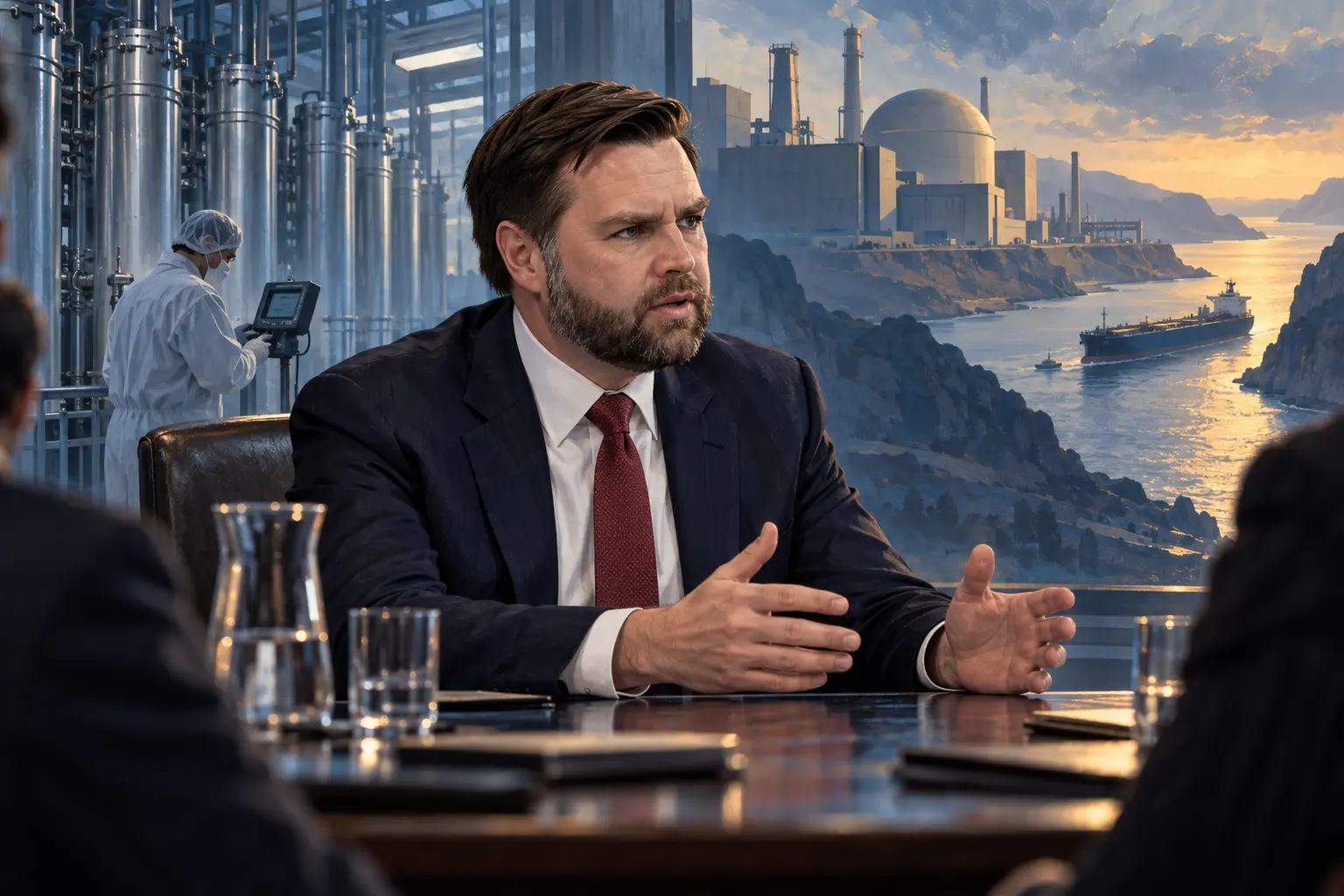 AI-assisted editorial illustration of JD Vance discussing the JD Vance Iran strategy at a diplomatic table, with nuclear inspection equipment and a tanker route in the background.