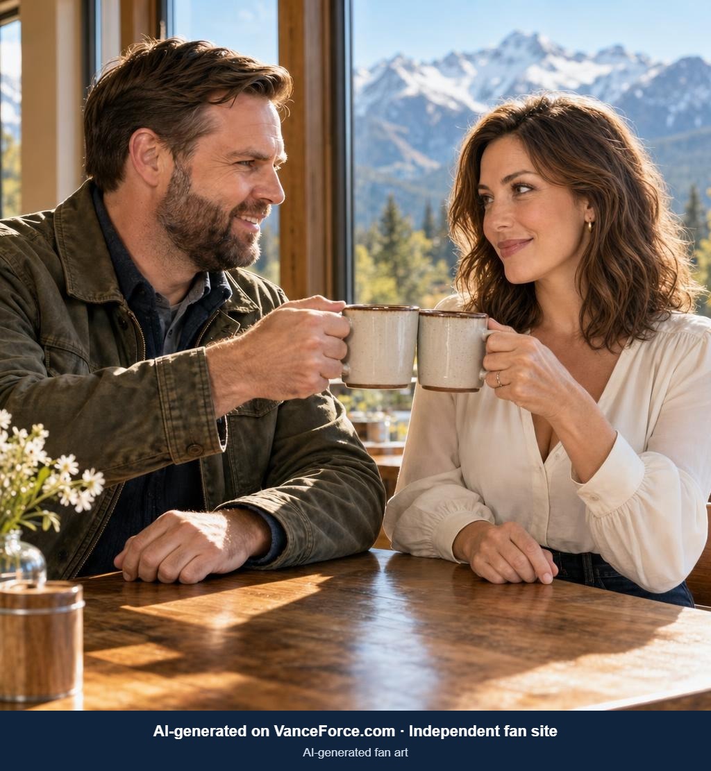 AI-generated fictional scene with JD Vance: Coffee & conversation, Scene setting. Not a real meeting.