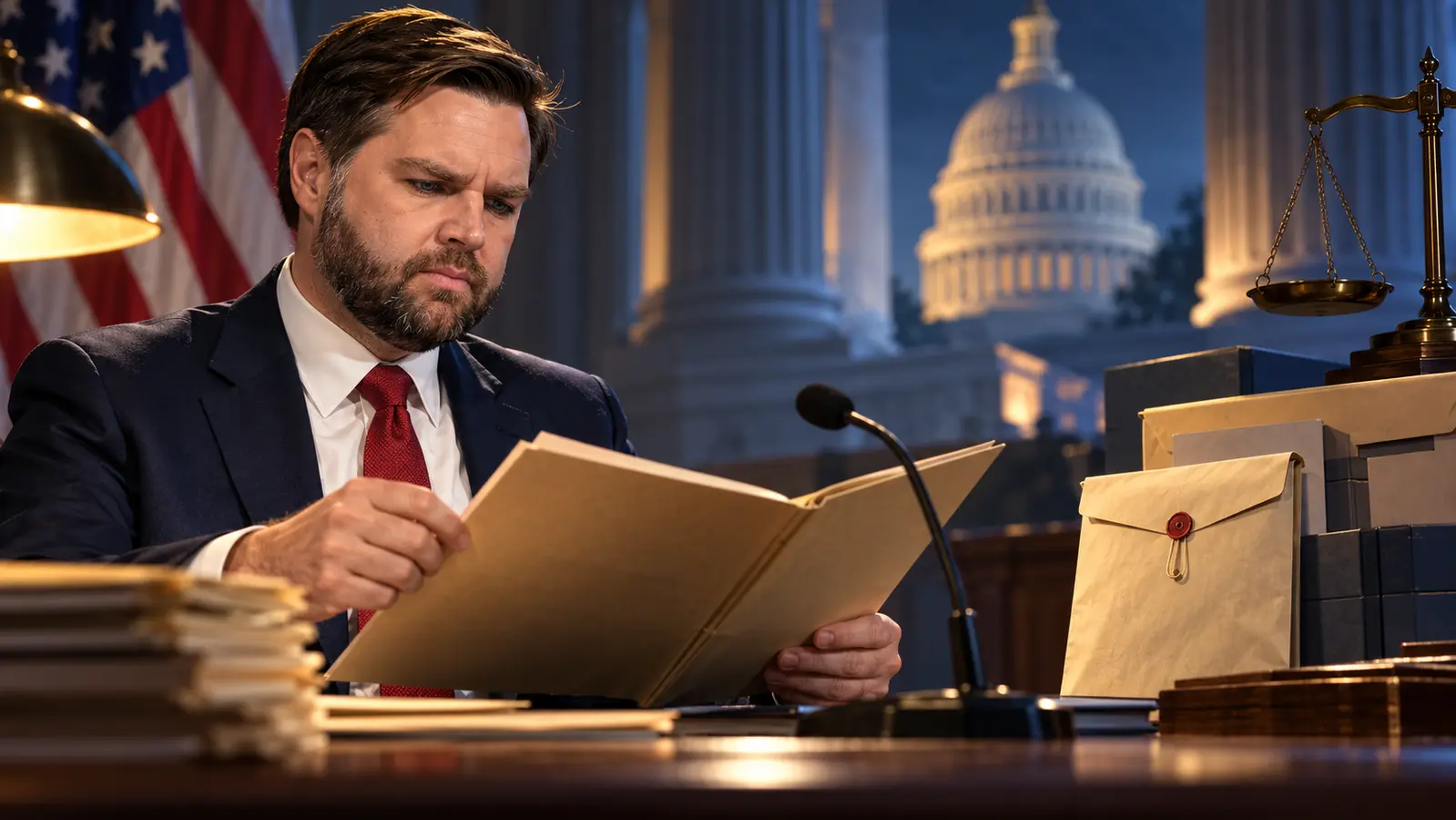 AI-assisted editorial illustration of JD Vance reviewing blank case files in a conceptual scene about the JD Vance fraud whistleblower program.