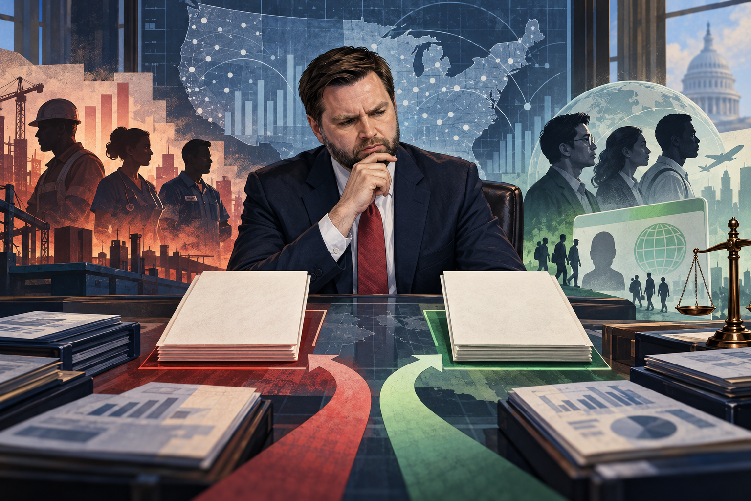 AI-assisted editorial illustration of JD Vance examining a skilled-worker visa pathway and American labor market data during the visa crackdown.