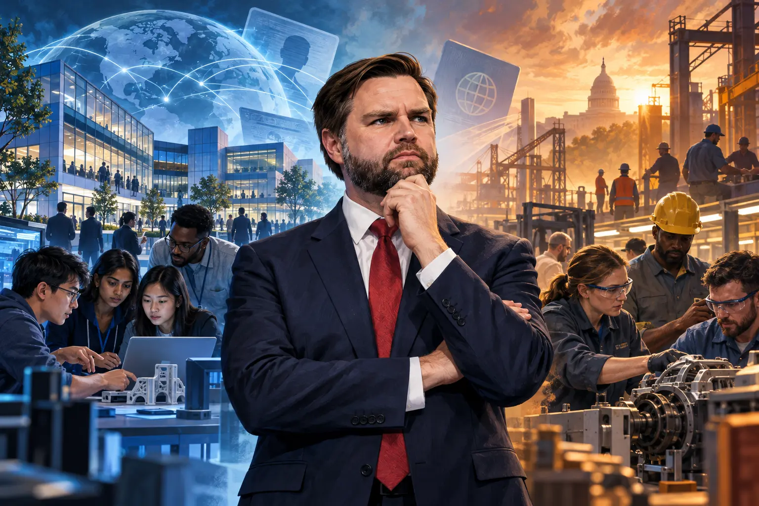 AI-assisted editorial illustration of JD Vance weighing his Microsoft visa policy against American hiring and technology competition.