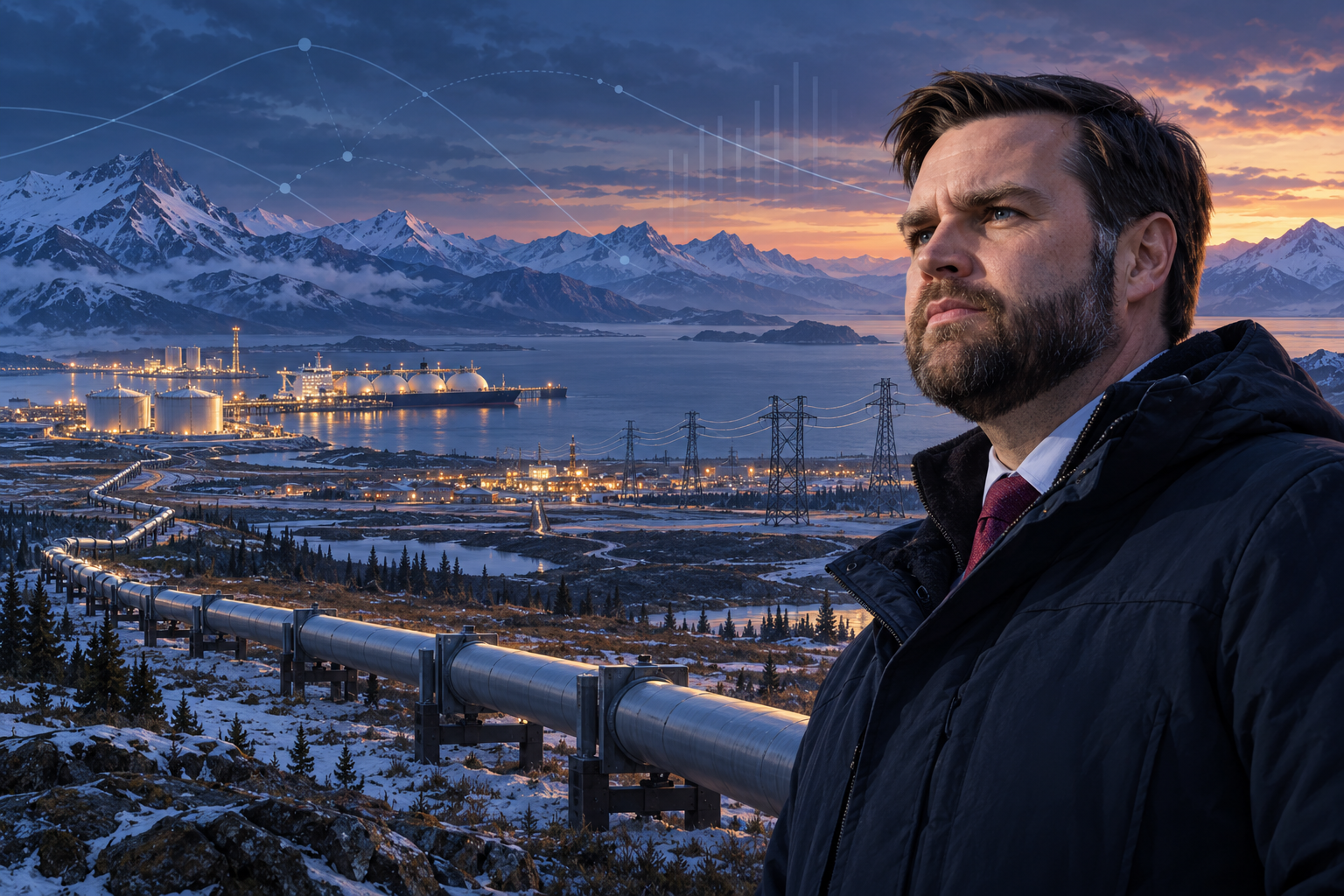 AI-assisted editorial illustration of JD Vance assessing Alaska LNG, pipeline and power-line infrastructure across a snowy coastal landscape.