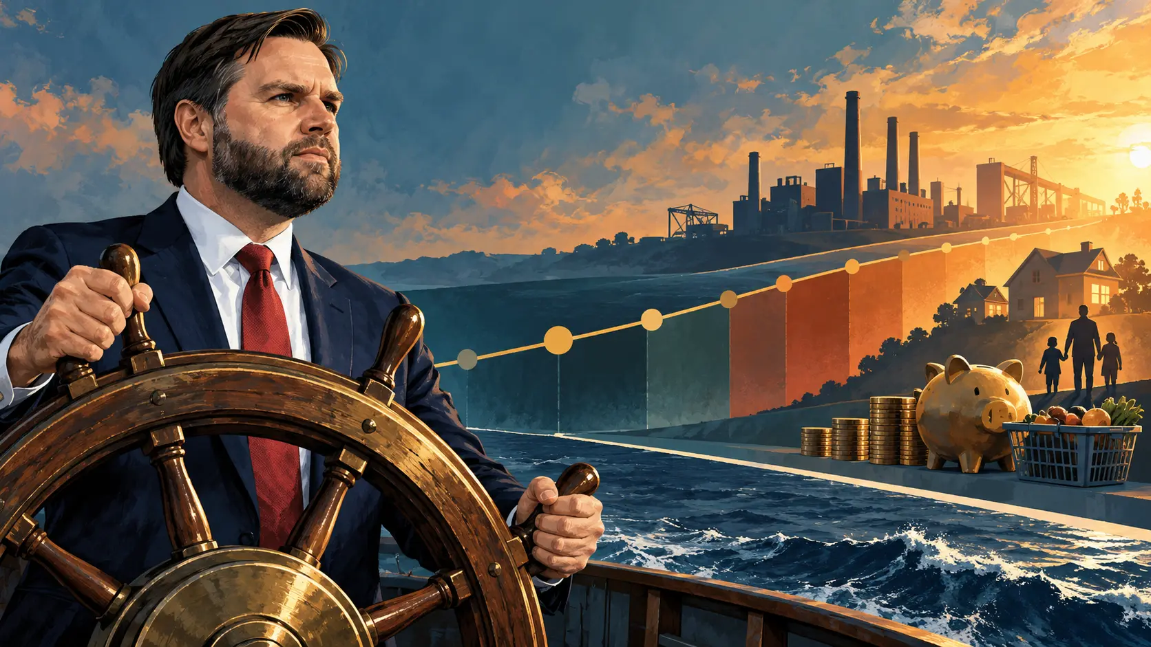 AI-assisted editorial illustration of JD Vance beside a ship's wheel and abstract gauges representing the JD Vance economic timeline.