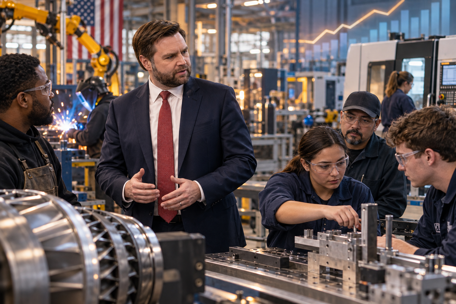 AI-assisted editorial illustration of JD Vance discussing manufacturing jobs with workers and technical trainees inside an advanced American factory.