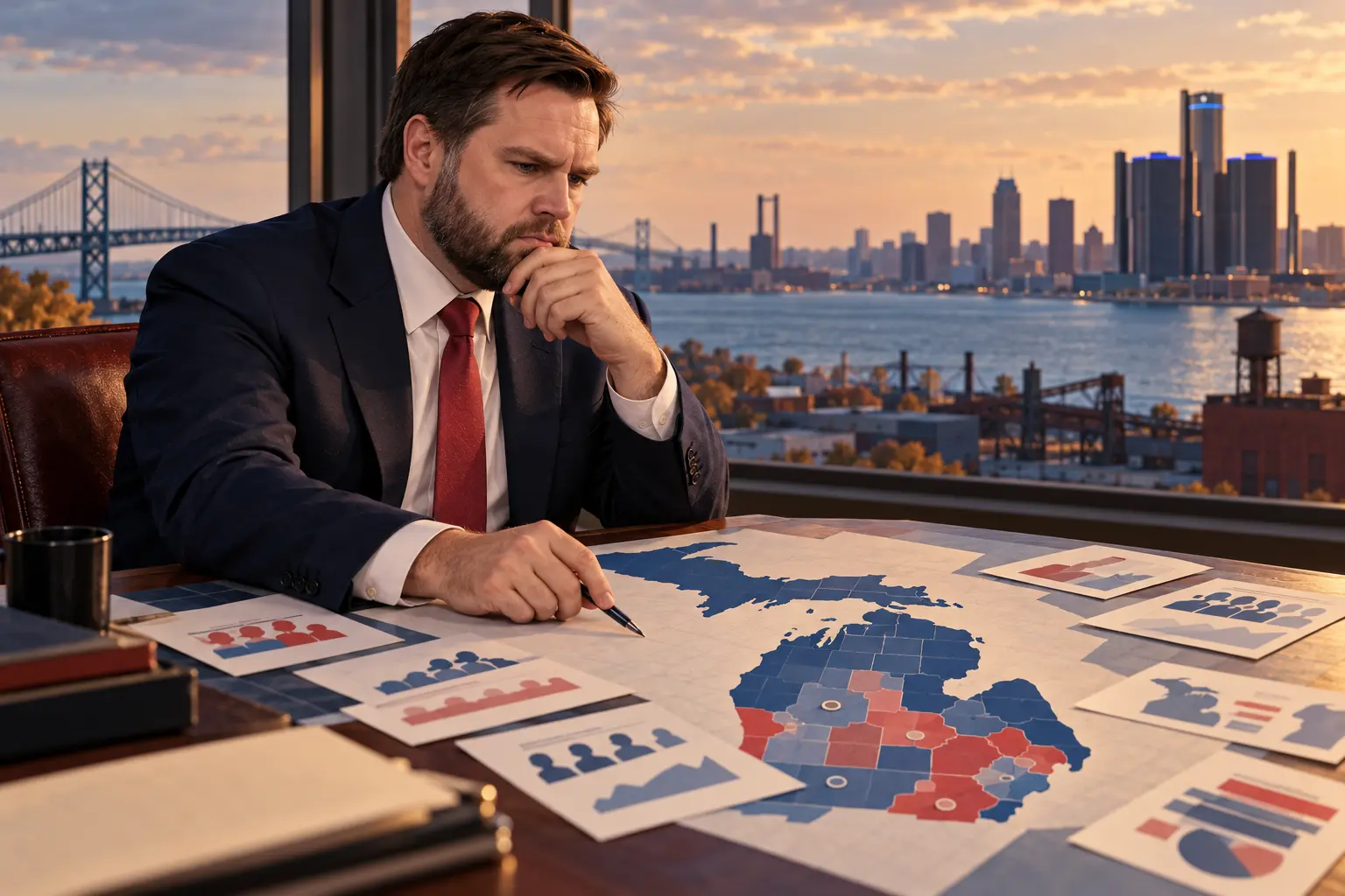 AI-assisted editorial illustration of JD Vance at a Michigan campaign strategy table, representing the JD Vance Michigan strategy debate