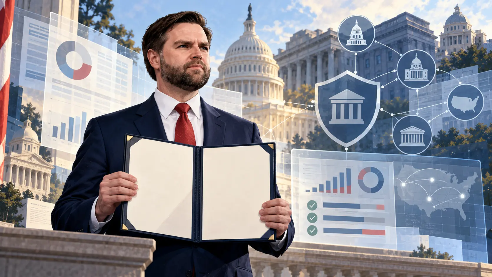 AI-assisted editorial illustration of JD Vance holding an anti-fraud pledge folder amid public-finance ledgers and linked government institutions.