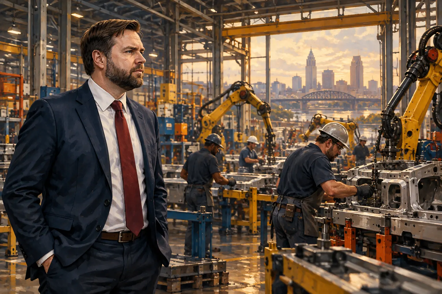 AI-assisted editorial illustration of JD Vance observing manufacturing jobs and robotics inside a modern Ohio factory.