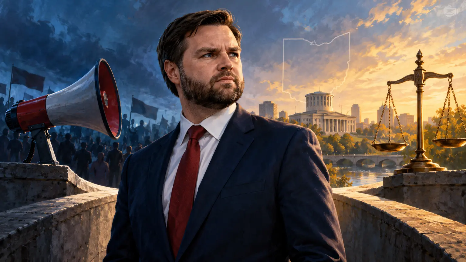 AI-assisted editorial illustration of JD Vance between a campaign megaphone and ethics scales, representing the JD Vance Ramaswamy ad defense debate.