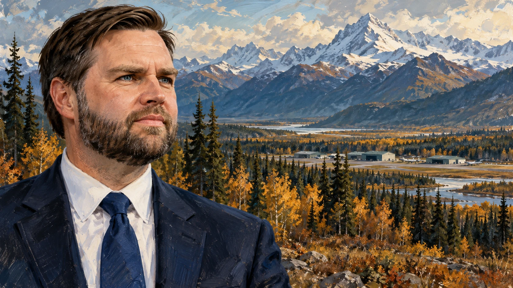 AI-assisted editorial illustration of JD Vance against a conceptual autumn Alaska landscape and airport architecture.