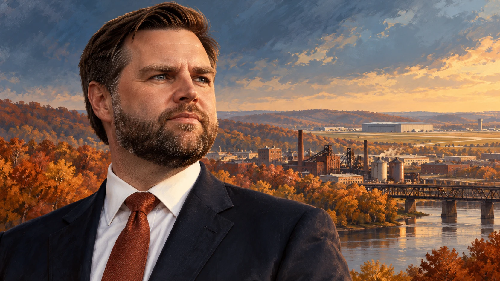 AI-assisted editorial illustration of JD Vance against an autumn Ohio-inspired airport and industrial landscape; not a photograph of the planned Lima rally