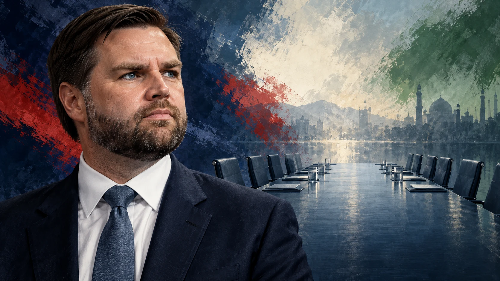 AI-assisted editorial illustration of JD Vance with a conceptual diplomatic setting for Iran nuclear negotiations; not a photograph of an actual meeting